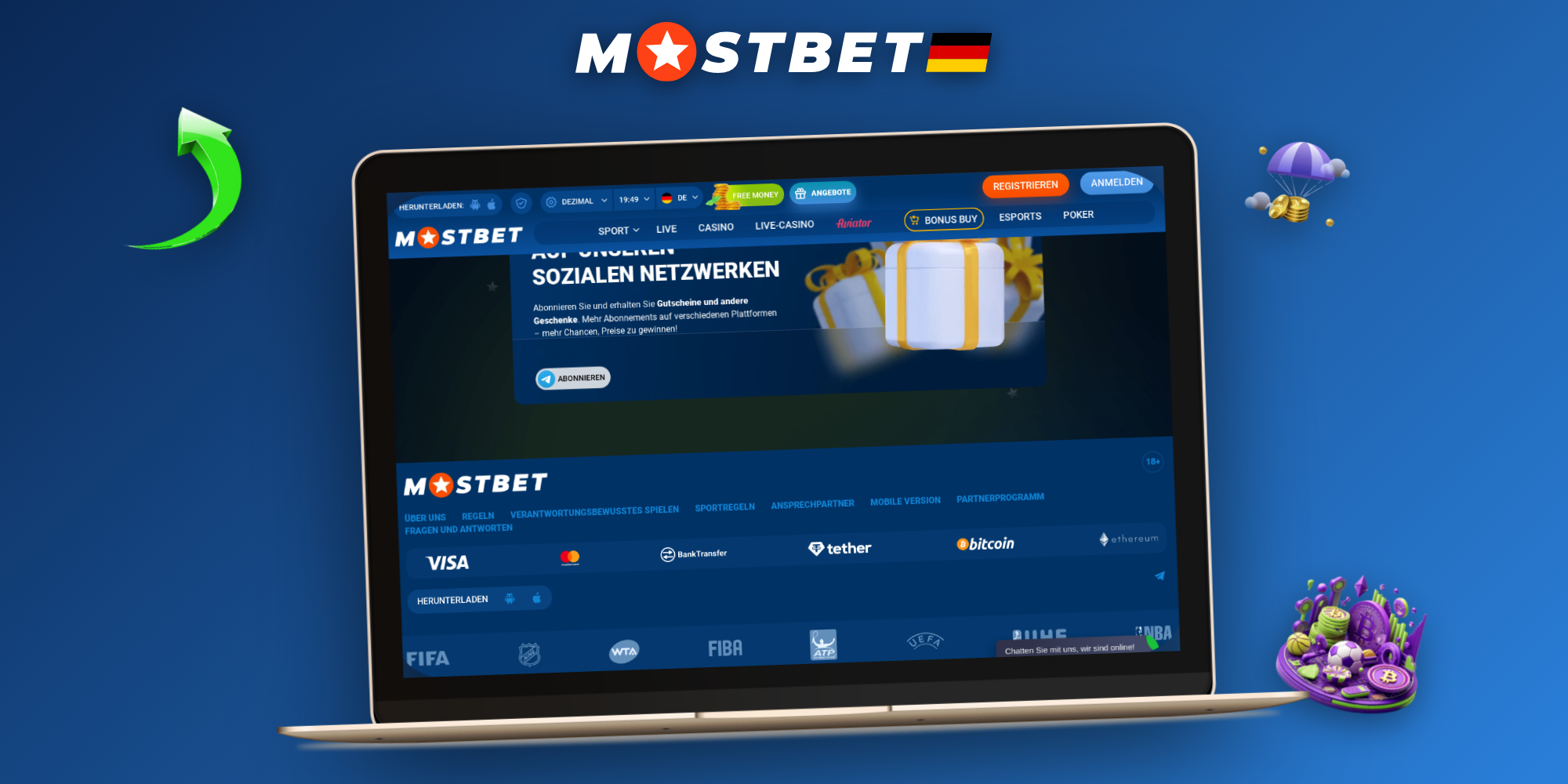 Mostbet Willkommenspaket auf Laptop und Handy dargestellt